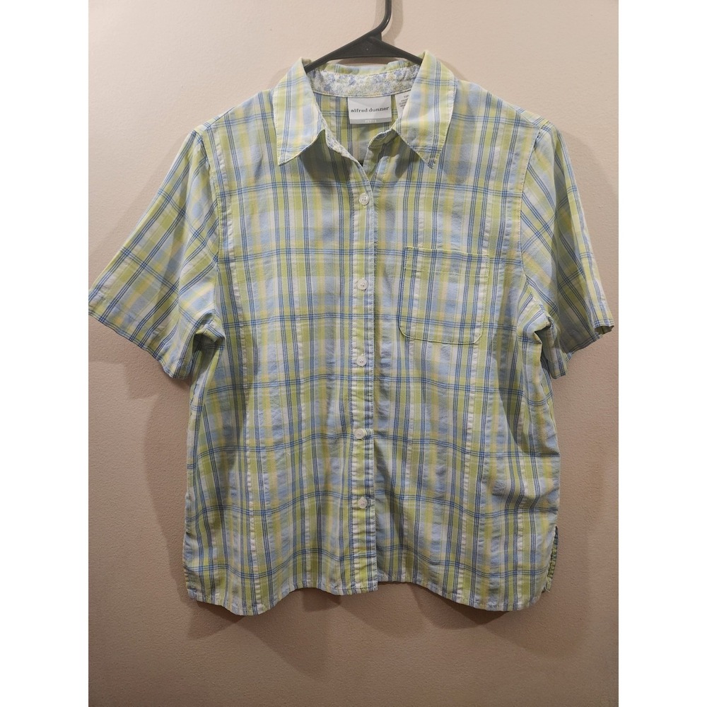 Alfred Dunner Petite Plaid Button Front Shirt Lime Green‎ Blue White 12P